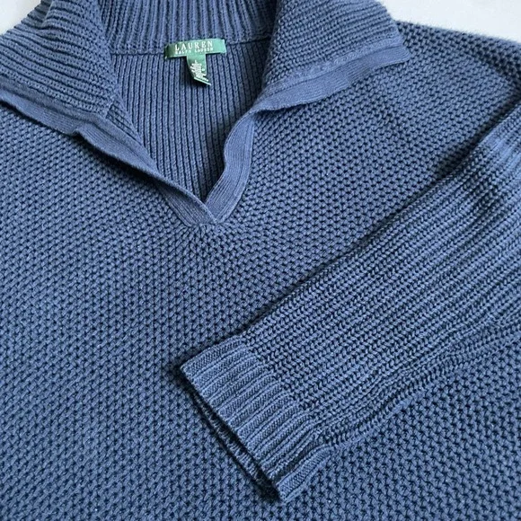 Lauren‎ Ralph Lauren Shawl Collar Fisherman Knit Sweater Navy Blue Size L Large - Picture 4 of 16